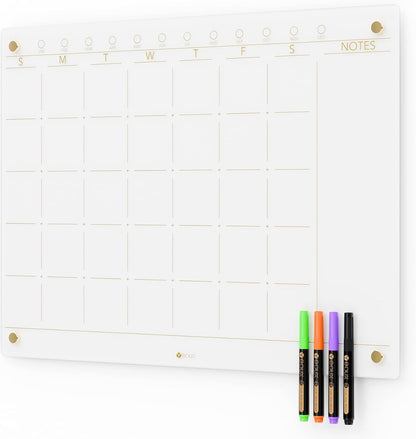 Black Glass Golden Monthly Dry Erase Calendar Whiteboard for Wall, 17" x 23", Frameless Large Planner White Board for Home Kitchen Office, 4 Wet Erase Markers Included, Yeoux