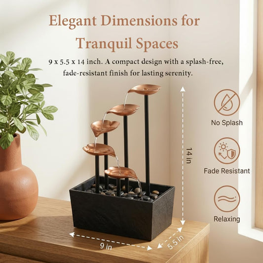 14" Tabletop Water Fountain, Indoor Desktop Fountain with Copper Leaf Design & LED Light, Splash-Free Zen Decor for Home, Office, Meditation, Yoga, Gift