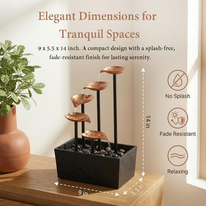 14" Tabletop Water Fountain, Indoor Desktop Fountain with Copper Leaf Design & LED Light, Splash-Free Zen Decor for Home, Office, Meditation, Yoga, Gift