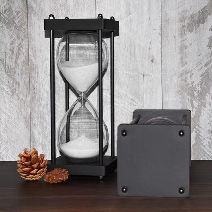 Hourglass Timer 60 Minute, Black Wooden Frame Decorative Sand Timer (Black Sand, Large Size)