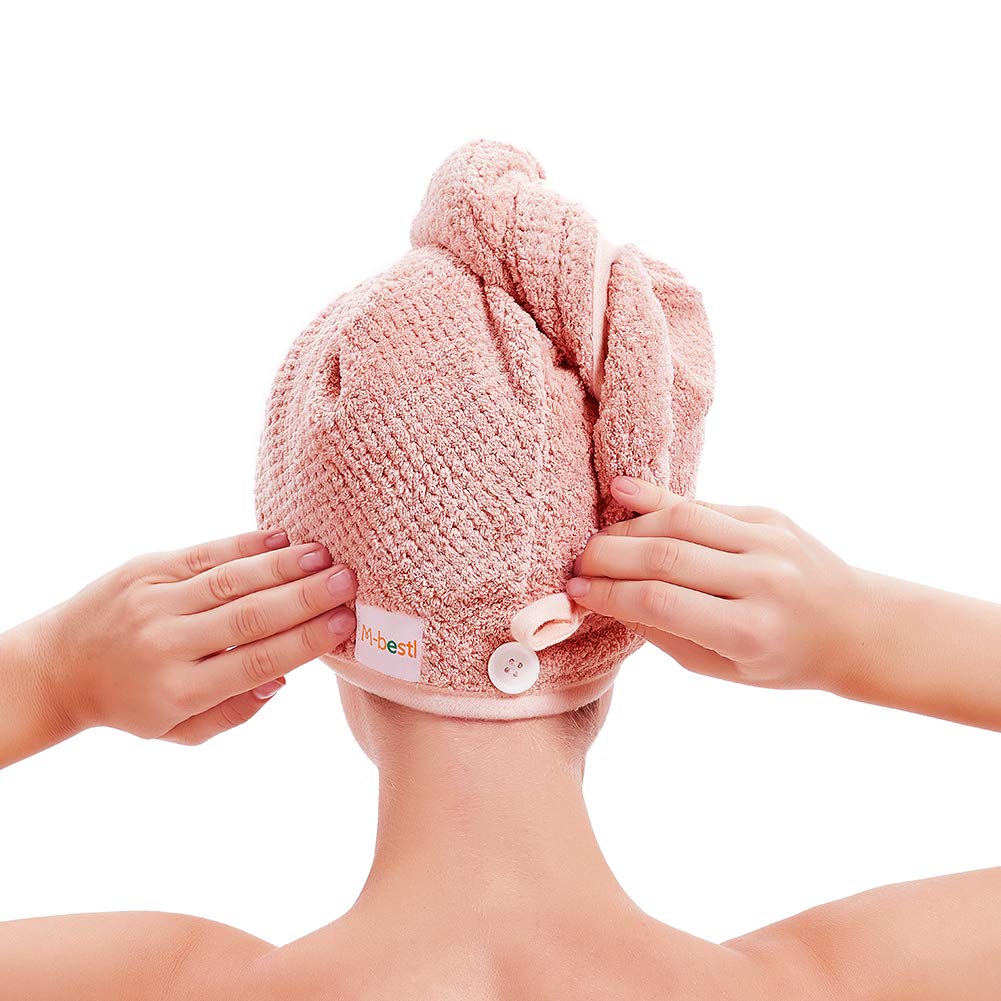 M-bestl 2 Pack Microfiber Hair Towel Wrap,Hair Drying Towel with Button,Quick Dry Hair Towel Turban for Women,Absorbent Anti-frizz Head Towel for Long Thick Curly Hair(Pink&Beige)