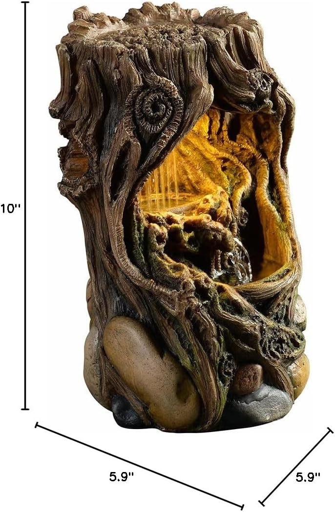 GOSSI Indoor Water Fountain Stump Rain Drop Meditation Desk Fountain Artistic Relaxation Waterfall for Home and Office Decor (22013)