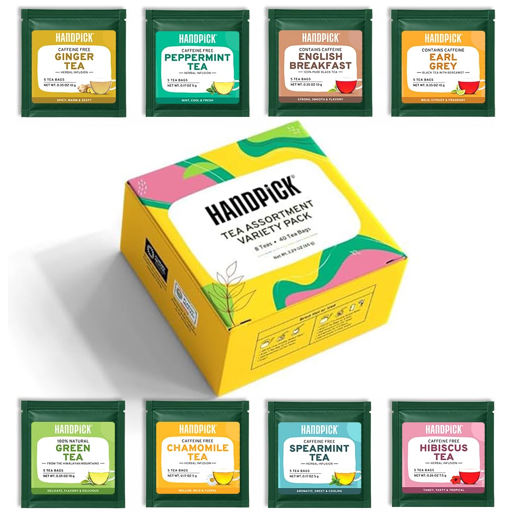 HANDPICK, Tea Bags Sampler Assortment Variety pack (8 Flavors, 40 Tea Bags)