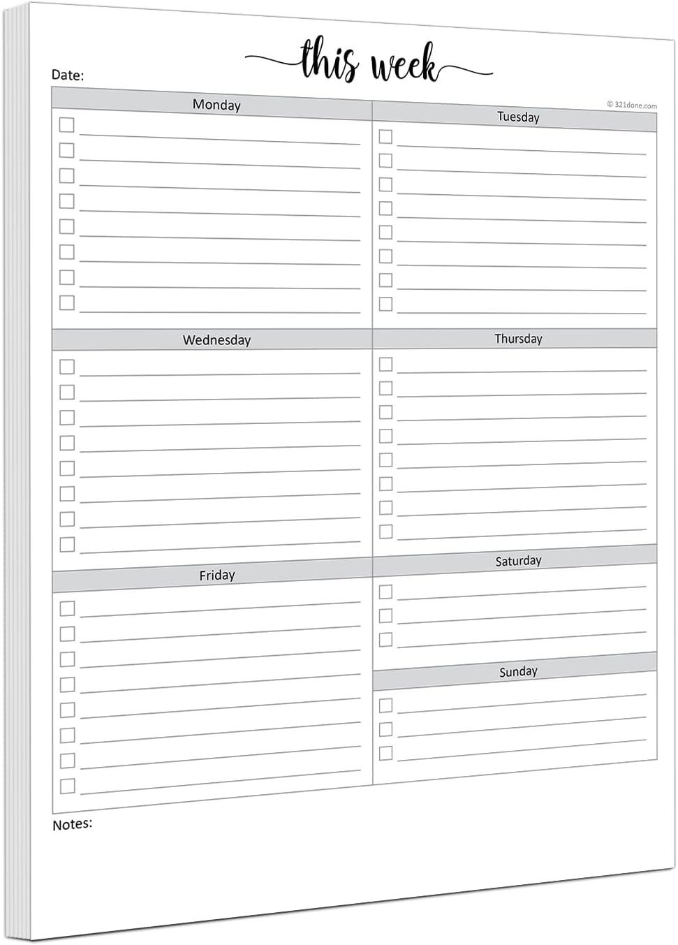 321Done Weekly Checklist Notepad, 5.5x8.5 Size Pad - 50 Tear-Off Sheets, Undated Monday-Sunday Schedule, Daily Task Planner for Home, Office & Student Use - Made in USA