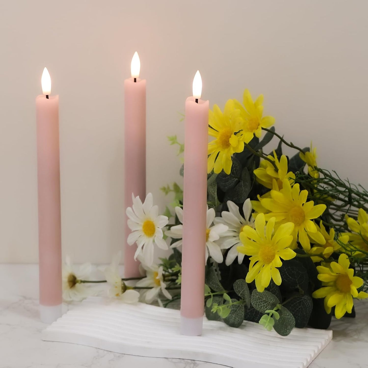 GenSwin Flameless Ivory Taper Candles Flickering with 10-Key Remote, Battery Operated Led Warm 3D Wick Light Window Candles Real Wax Pack of 6, Christmas Home Wedding Decor(0.78 X 9.64 Inch)