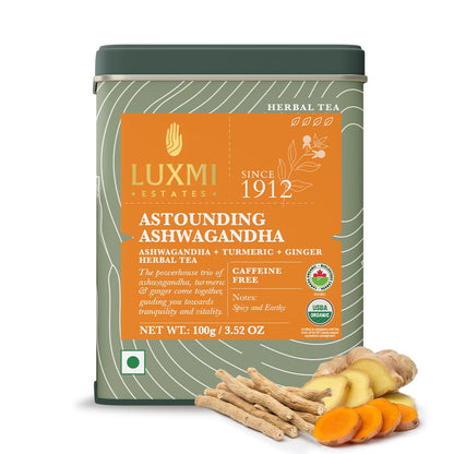 Luxmi Estates Ashwagandha Turmeric Tea | Organic Loose Leaf, 100g/3.5oz, (50 Cups) | Herbal Blend with Ashwagandha, Turmeric, Ginger, Lemongrass | Caffeine-Free