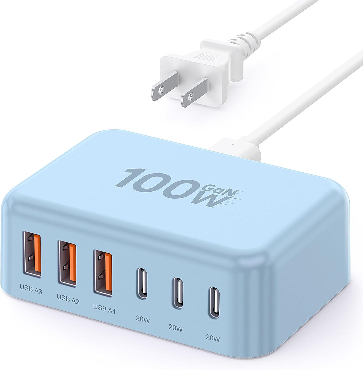 USB Fast Charger Block 50% Smaller 100W Max 6-Port GaN USB Charging Station
