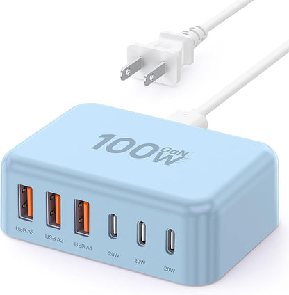 USB Fast Charger Block 50% Smaller 100W Max 6-Port GaN USB Charging Station