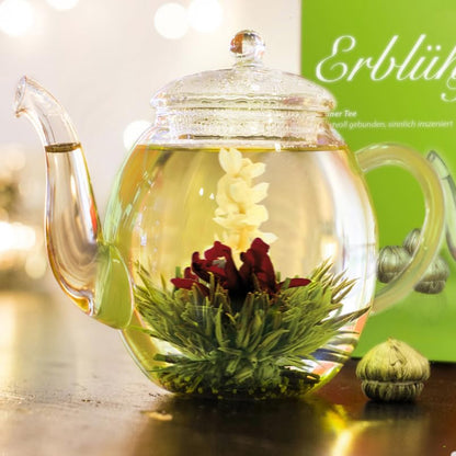 Creano Blooming Tea Gift Set with Glass Teapot 17oz (500ml) - Green Tea Fruity Flavoured Tea Flowers in 6 Varieties - Flowering Tea Gift for Easter