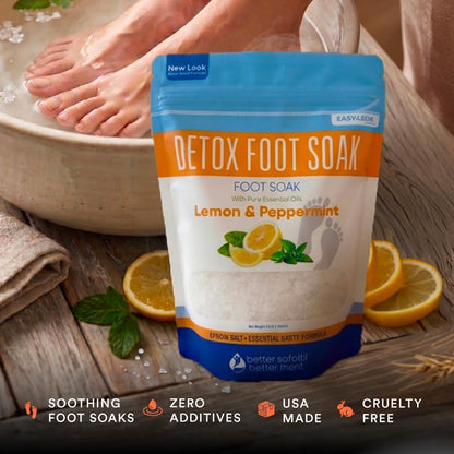 Detox Foot Soak Salts 32 Ounces with Lemon, Peppermint, Lavender Frankincense Essential Oils BPA Free Pouch with Easy Press-Lock Seal Soothe Athletes Foot, Soften Calluses, Relax Tired Feet
