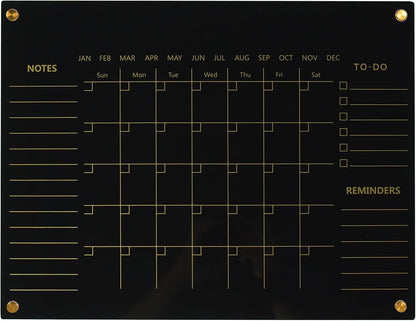 Black Acrylic Calendar Dry Erase for Wall, Family Planner, Monthly Calendar Dry Erase Whiteboard for Home, Office, 17" x 13"Reusable White Board(Acrylic-BK-3343)