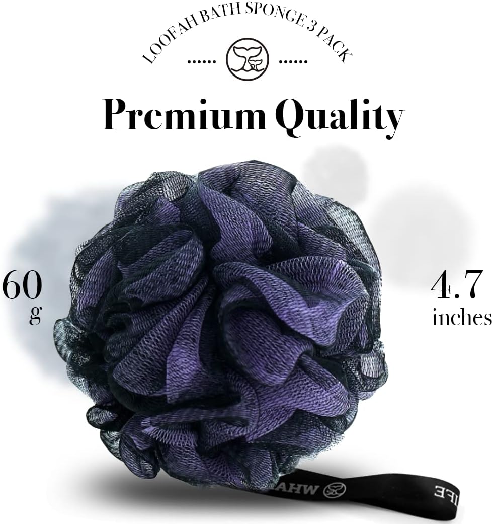 WhaleLife Loofah Bath Sponges - Black Gentle Exfoliating Shower Loofah for Rich Lather, Durable Mesh Body Scrubber for Men & Women 4 Pack