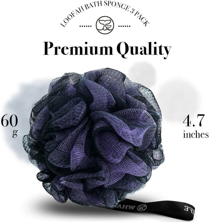 WhaleLife Loofah Bath Sponges - Black Gentle Exfoliating Shower Loofah for Rich Lather, Durable Mesh Body Scrubber for Men & Women 4 Pack