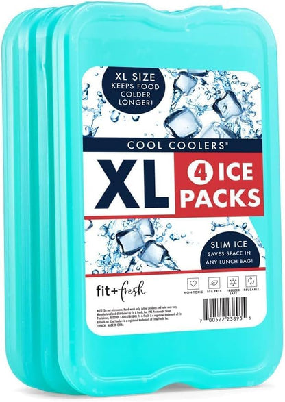 Cool Coolers by Fit & Fresh 4 Pack XL Slim Ice Packs, Quick Freeze Space Saving Reusable Ice Packs for Lunch Boxes or Coolers