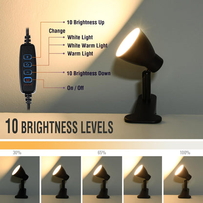 CRI 90+ Eye-Care Clip Light for Reading, 6W Small Clamp Lamp for Desk, Flexible Gooseneck Clip Lamp for Bed Headboard with 3 Color Modes & 10 Brightness(Adapter Include)