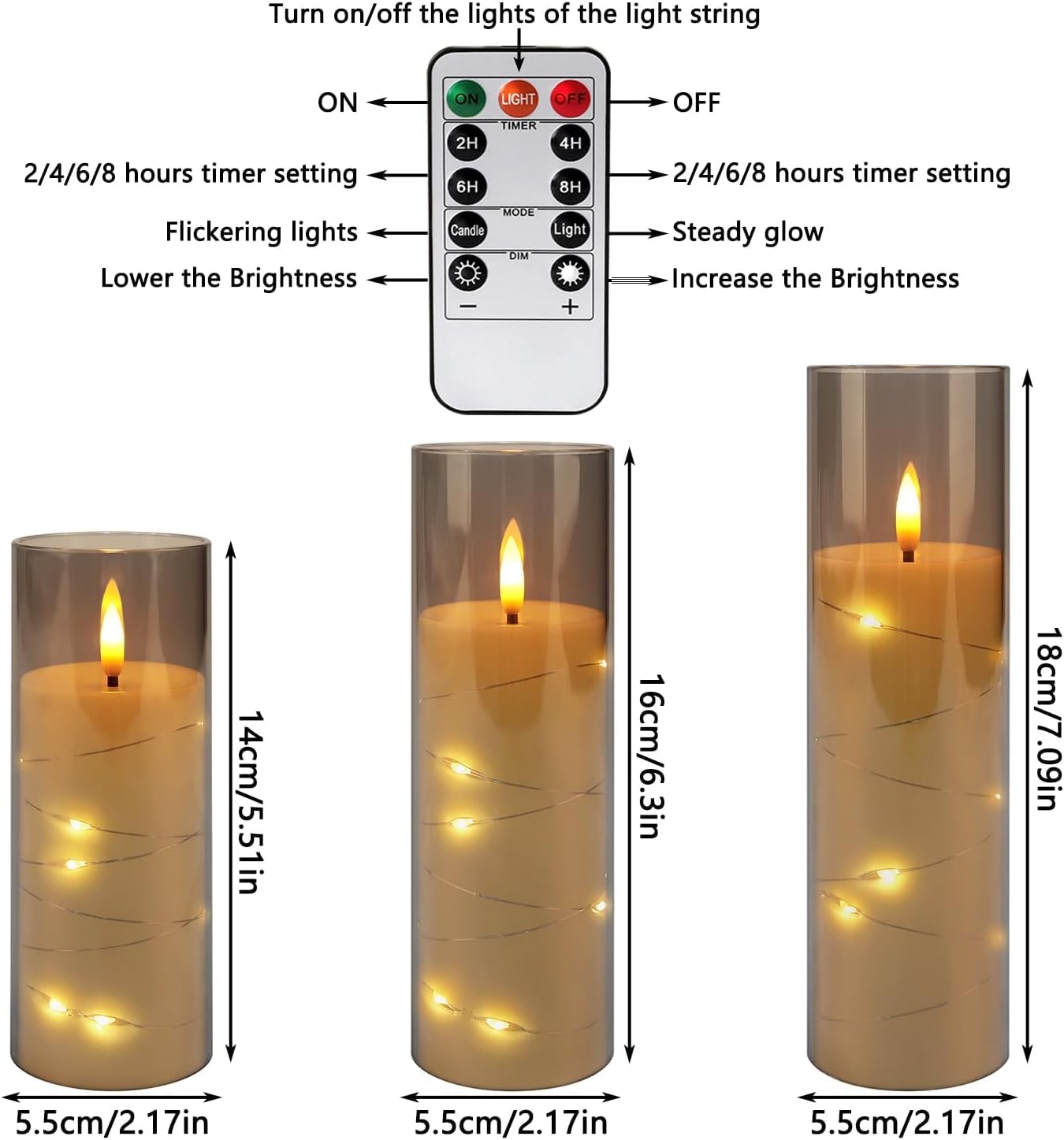 24 Pcs LED Flameless Candles with Remote, 3D Flickering Flame & LED String Lights, Acrylic Clear Cylinder, Timer Function, Romantic Ambience for Home Decor, Party, Wedding (Ivory).