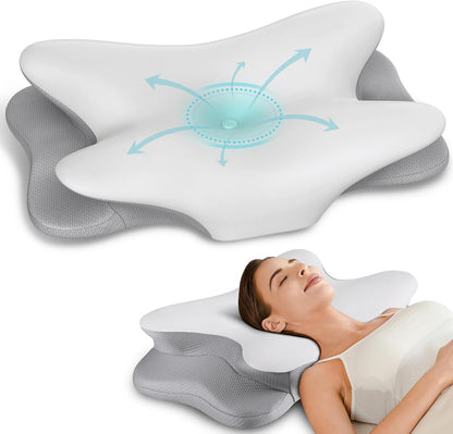 Cervical Pillow for Neck Pain Relief, Ergonomic Neck Pillow for Sleeping, Contour Pillow for Neck Support, Memory Foam Pillows for Reading & Bed Rest Pillows for Side Back Stomach Sleepers(White&Grey)