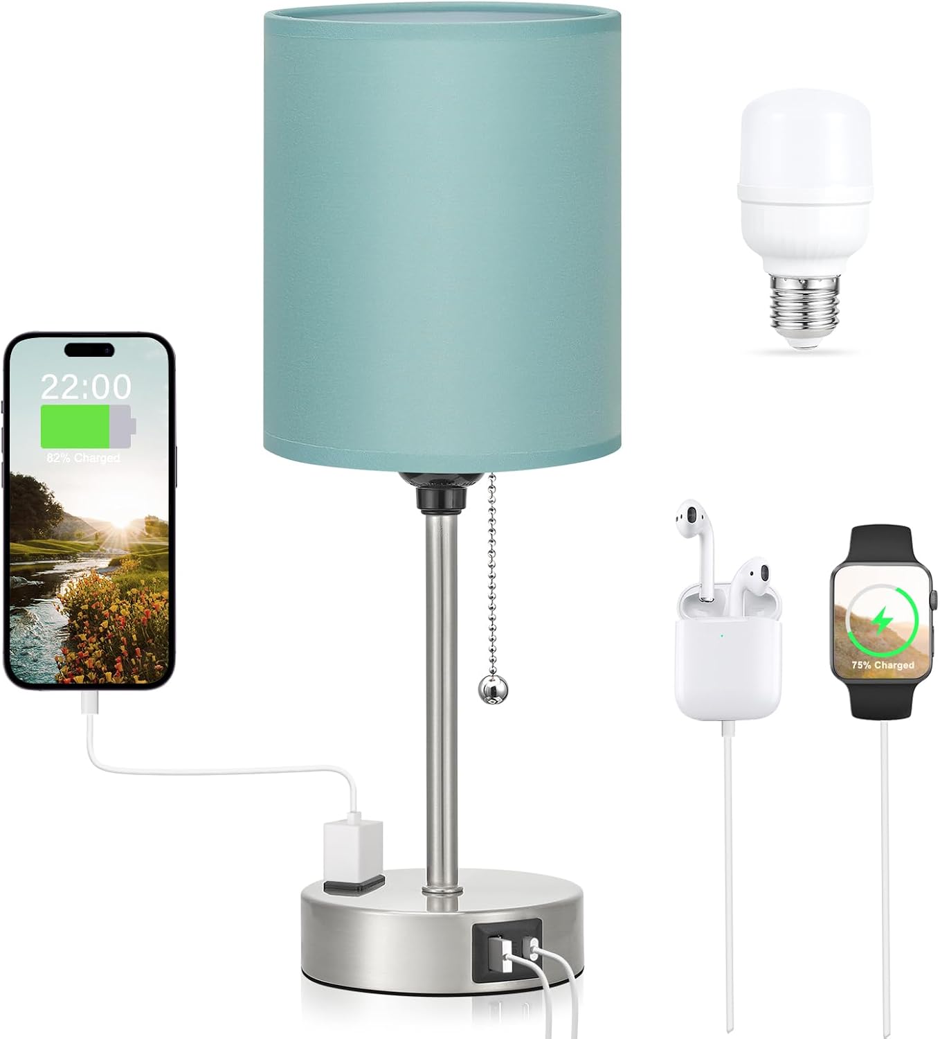 Small Bedside Table lamp for Bedroom - 3 Color Temperatures Bedside Lamps with USB C and A Ports, Pull Chain Table Lamps with AC Outlet, White Nightstand Lamps with Black Metal Base for Kids Reading