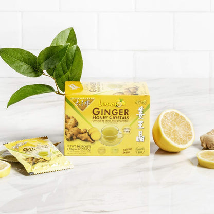 Prince of Peace Instant Natural Lemon Ginger Honey Crystals, 2 Pack of 10 Sachets – Instant Hot or Cold Beverage Relief and Soothes Throat – Easy to Brew Ginger and Honey Crystals