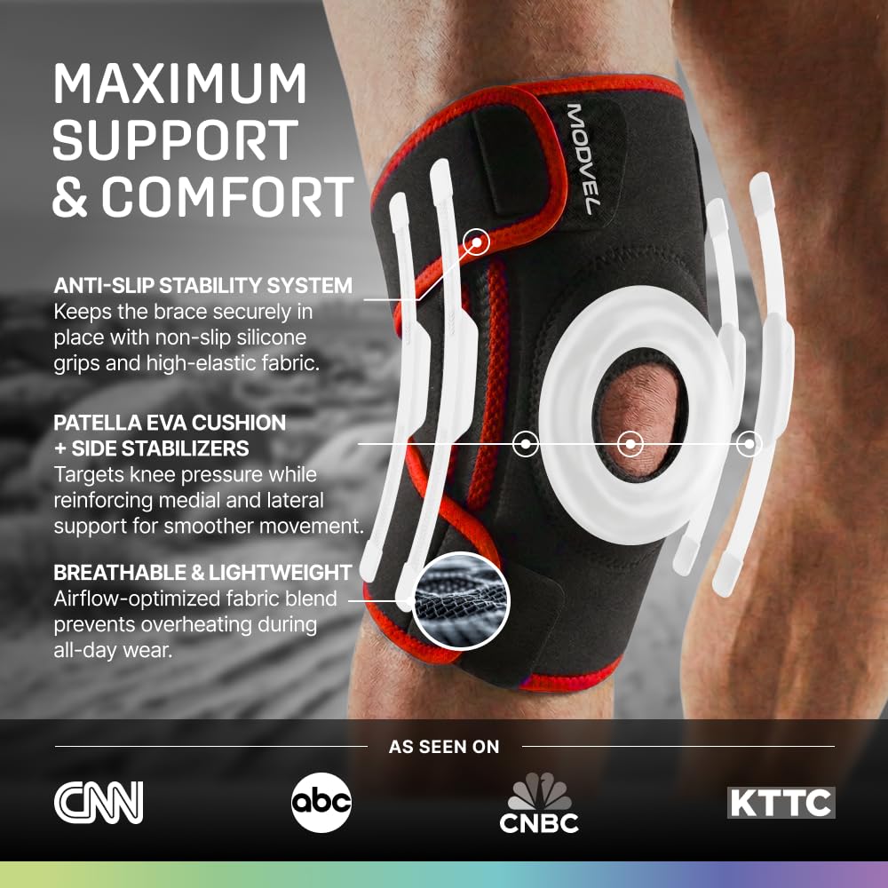 Modvel Knee Brace with Side Stabilizers & Patella Gel Pads for Pain Relief and Joint Support Breathable, Non-Slip Compression Sleeve for Men & Women, Arthritis, Meniscus, ACL Recovery