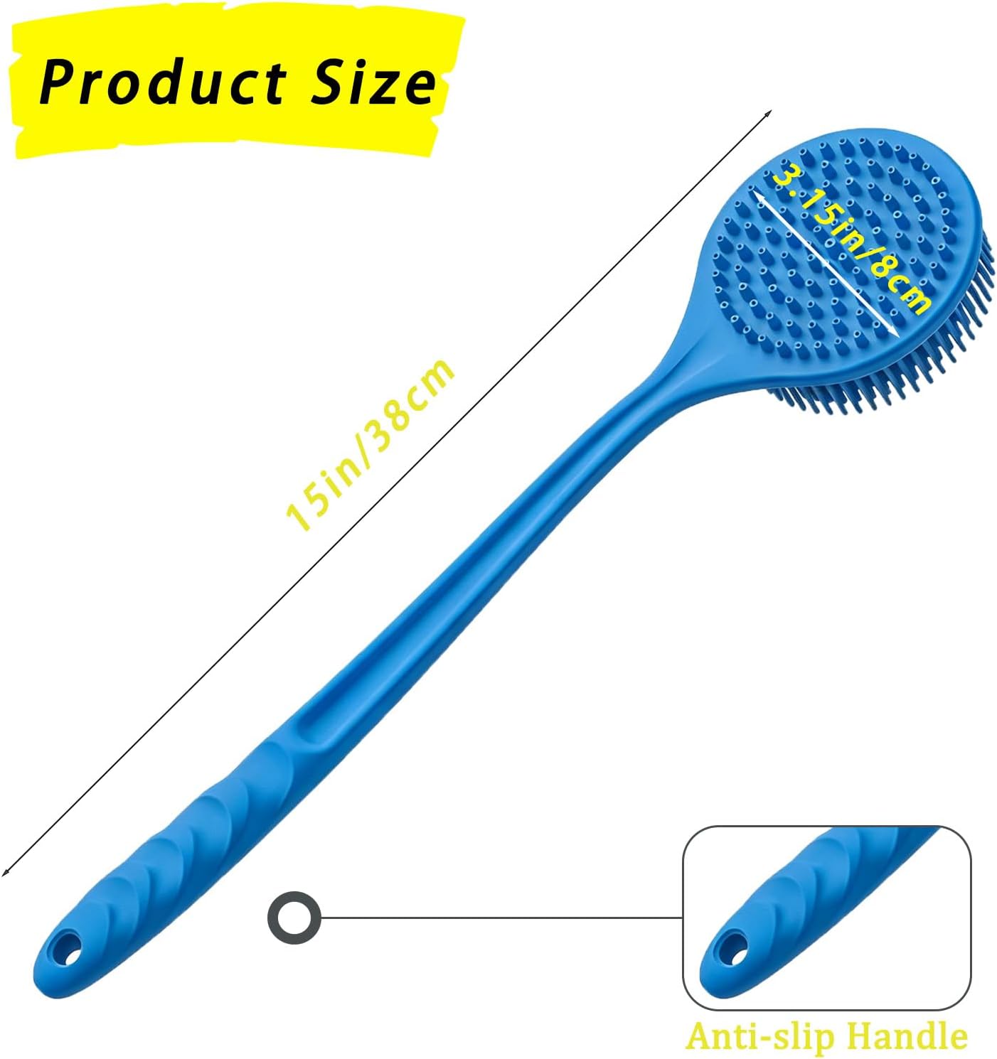 Silicone Back Scrubber for Shower, 17in Lengthen Long Handle Body Brush, Double Sided Shower Brush for Shower Exfoliating and Massage,Includes 2 Hooks (Black)