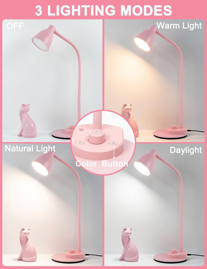BOHON LED Desk Lamp with USB Charging Port 3 Color Modes Dimmable, Black | Reading Light Intelligent Induction Auto Dimming Task Lamp Neck Flexible Table Lamp for Bedside Office, AC Adapter Include