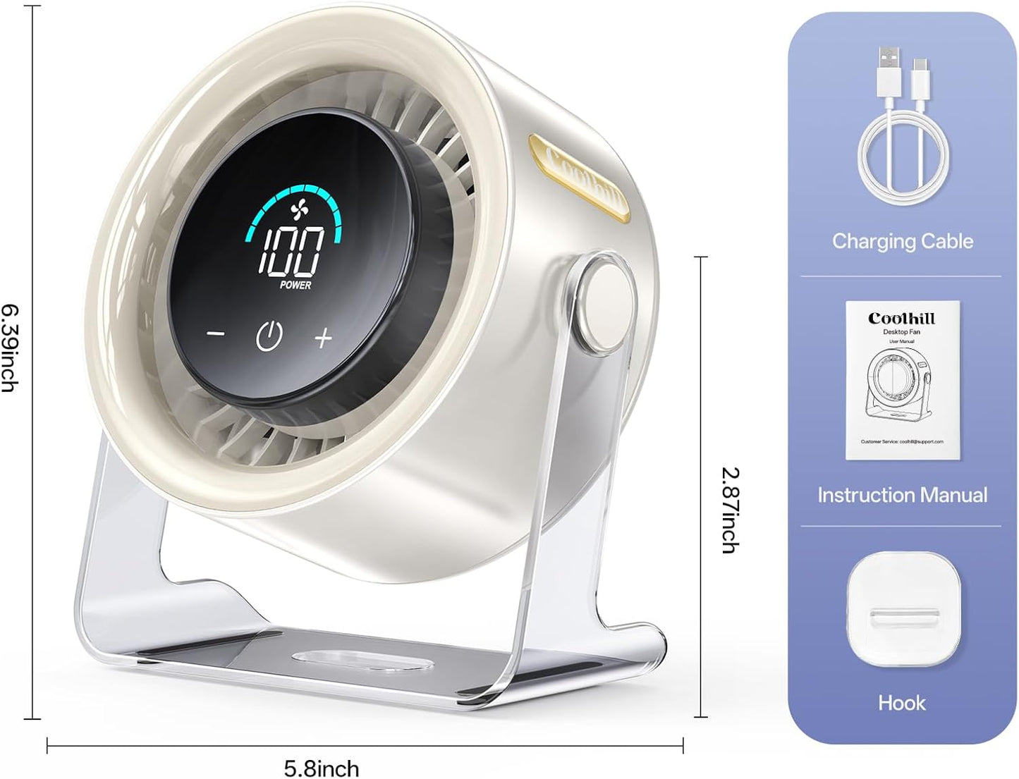 USB Desk Fan for Bedroom: 100 Speeds Digital Display Quiet Portable Fan with Turbo Airflow, 120° Rotating Small Rechargeable Battery Desktop & Wall-Mounted Fans for Bedroom Home Office