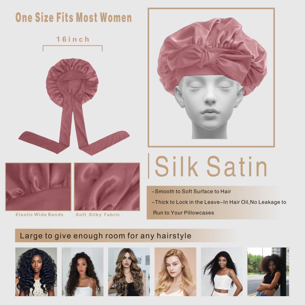 VECIIR Silk Bonnet for Sleeping Women, Ajustable Hair Bonnet for Curly Hairs Satin Bonnet Reduce Friction Prevent Frizz Black，Large