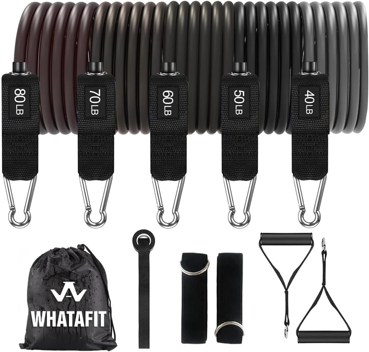 WHATAFIT Resistance Bands, Exercise Bands, Workout Bands with Handles, Door Anchor and Ankle Straps, 5 Resistance Levels Fitness Bands for Strength Training, Physical Therapy, and Home Gym Equipment