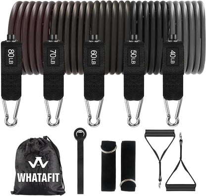 WHATAFIT Resistance Bands, Exercise Bands, Workout Bands with Handles, Door Anchor and Ankle Straps, 5 Resistance Levels Fitness Bands for Strength Training, Physical Therapy, and Home Gym Equipment