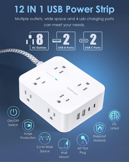 HANYCONY Surge Protector Power Strip, 1080J, 5 Ft Braided Extension Cord