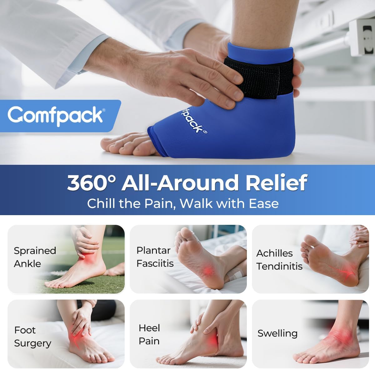 Comfpack Ankle Ice Pack Wrap for Swelling, Reusable Foot Ice Pack Wrap, Hot & Cold Therapy Compression Sleeve for Plantar Fasciitis Relief, Achilles Tendonitis, Sprain, Heel Pain, Sprained