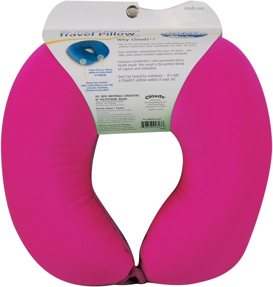Cloudz Dual Comfort Microbead Airplane Travel Neck Pillow. Super Soft Cozy Plush Fabric on One Side, Cool Relaxing Spandex on The Other! Customize Your Comfort and Support at Home or On The Go!- Blue