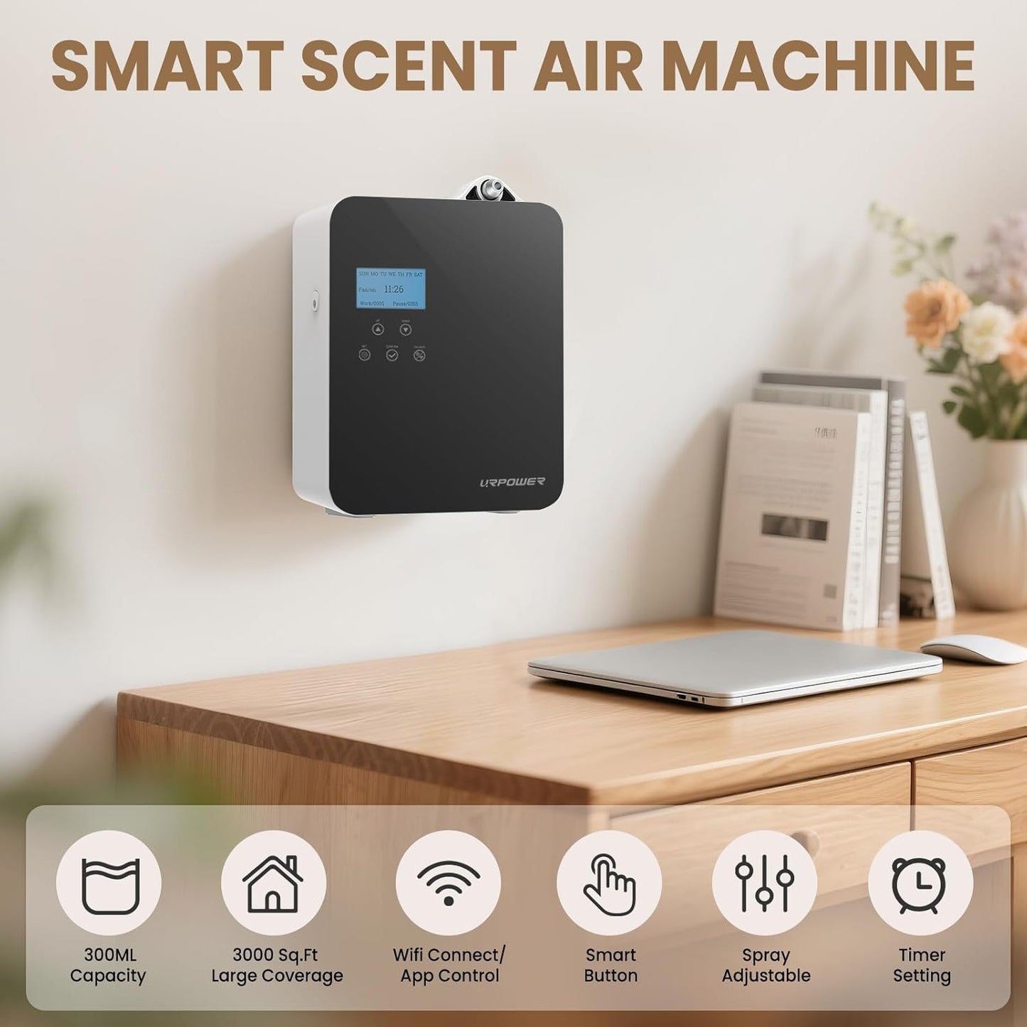 URPOWER 300ml Waterless Nebulizing Scent Diffuser Up to 3000 Sq Ft, Smart APP Control HVAC/Wall Cold-Air Aromatherapy Machine with Lockable Oil Bottle for Home/Office/Hotel Starter Oil Included