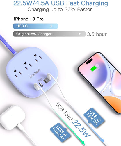 Travel Essentials, 22.5W/4.5A Flat Plug Power Strip, 6 Ft Extension Cord