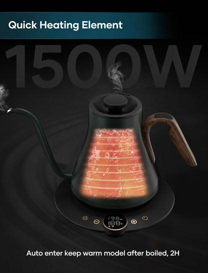 INTASTING Gooseneck Electric Kettle with ±1℉ Temperature Control for Pour Over Coffee & Tea, Quick Heating, BPA-Free Stainless Steel, Built-in Brew Timer, 1500W/0.9L (Ebony Black)