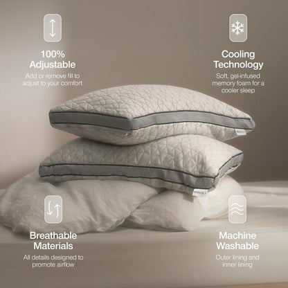 Coop Home Goods Cool+ Adjustable Pillow, Queen Size Plus Shaped Memory Foam Pillows with Cooling Gel, Back, Stomach or Side Sleeper, Neck Support for Sleeping, CertiPUR-US/GREENGUARD Gold