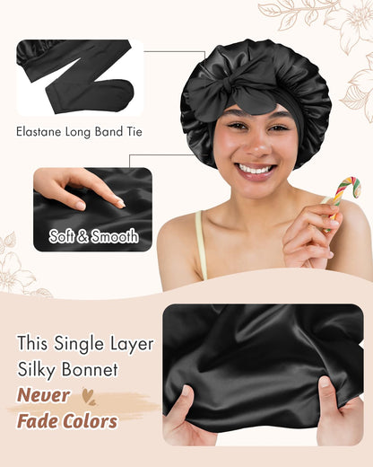 BONNET QUEEN Silk Bonnet for Sleeping for Women Satin Bonnet Night Cap for Curly Hair with Tie Band, Single Layer, Cream Pink