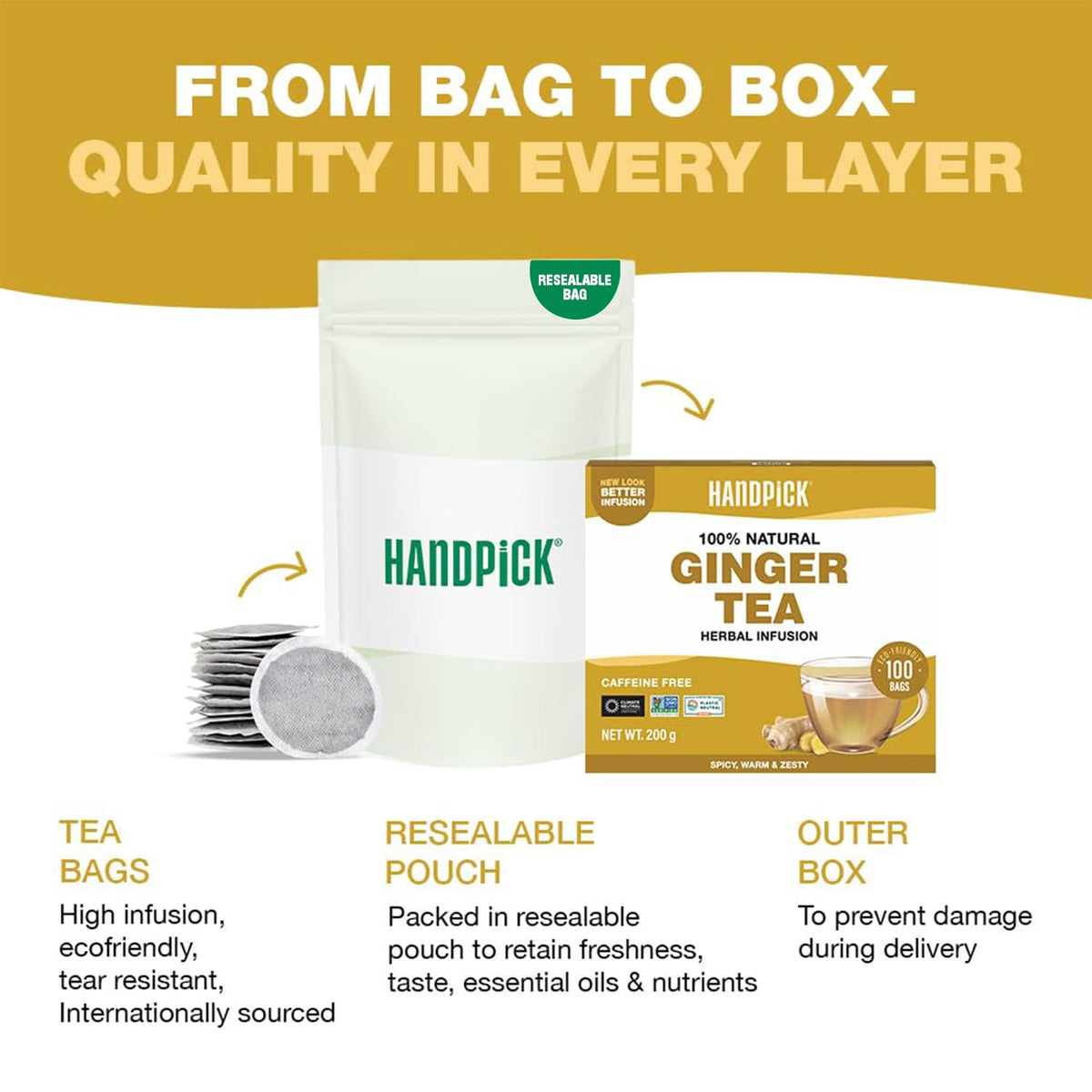HANDPICK Organic Ginger Tea (100 Tea Bags) 100% Pure Ginger Root, Non GMO