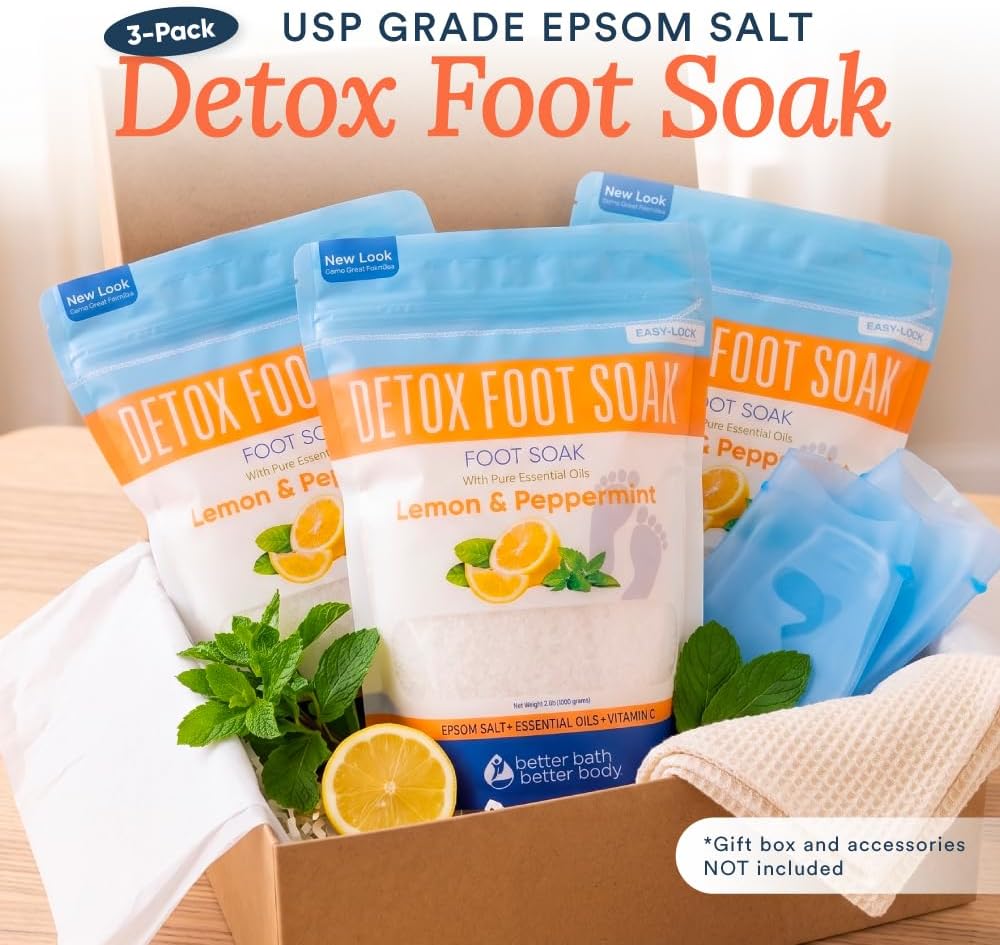 Detox Foot Soak Salts 32 Ounces with Lemon, Peppermint, Lavender Frankincense Essential Oils BPA Free Pouch with Easy Press-Lock Seal Soothe Athletes Foot, Soften Calluses, Relax Tired Feet