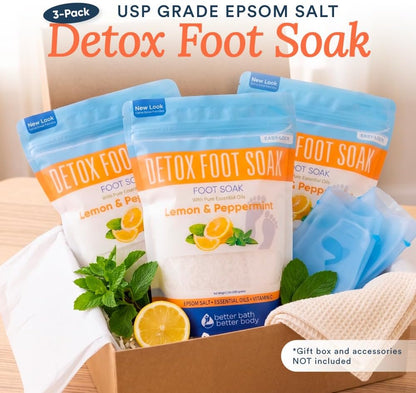 Detox Foot Soak Salts 32 Ounces with Lemon, Peppermint, Lavender Frankincense Essential Oils BPA Free Pouch with Easy Press-Lock Seal Soothe Athletes Foot, Soften Calluses, Relax Tired Feet