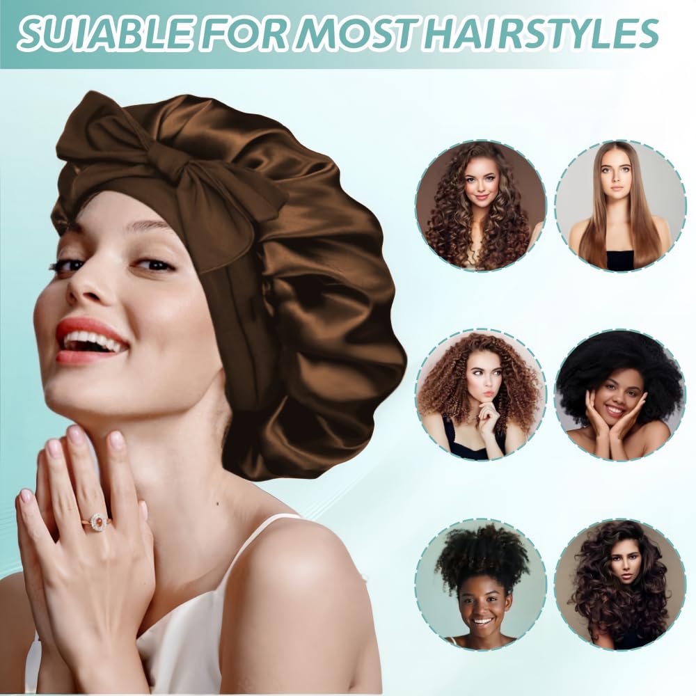 VECIIR Silk Bonnet for Sleeping Women, Ajustable Hair Bonnet for Curly Hairs Satin Bonnet Reduce Friction Prevent Frizz Black，Large