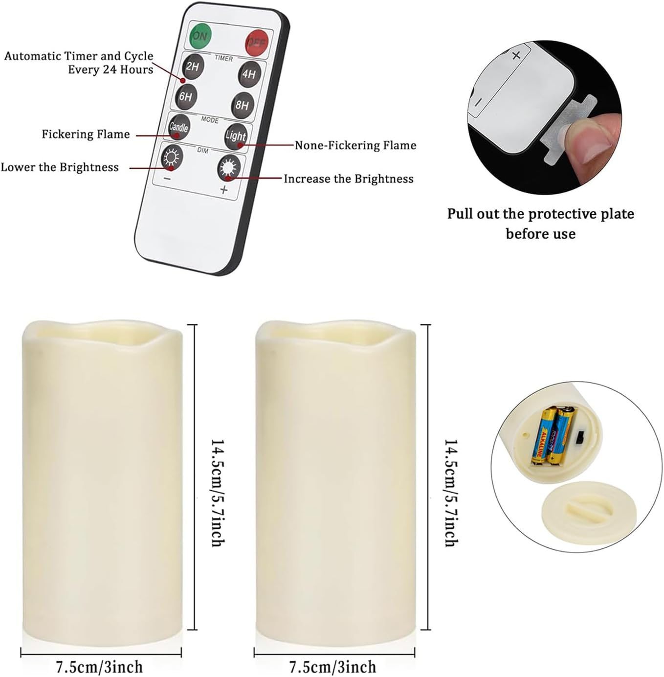 Flameless Candles 4" 5" 6" Outdoor Indoor Pillars Battery Operated Flickering Candles Include 10-Key Remote Timer 400+ Hours by 2 AA Batteries (Ivory Candle - Warm light, 3"D x 4"|5"|6" H - 3 Pack)