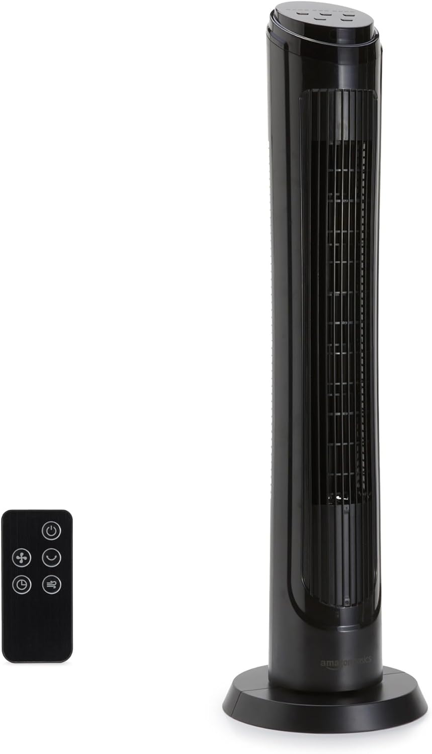 Amazon Basics 28" 60-Degree Oscillating Tower Fan with Powerful Airflow for Bedroom, Living Room, Office, 3 Speeds, Mechanical Control, Air Circulator, 35W, 27.8"H x 9.4"D x 9.4"W, Black