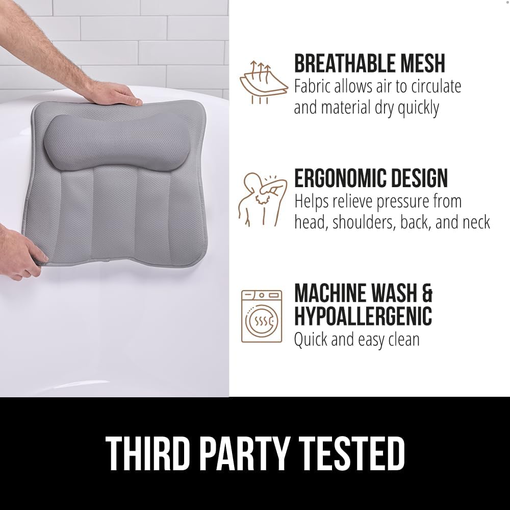 GORILLA GRIP Bath Pillow for Tub, 6 Strong Suction Cups, 4D Mesh FlexComfort Headrest for Neck, Head and Back Support, Luxury Machine Washable Pillows, Bathtub Accessories, Spa Gifts for Women, White