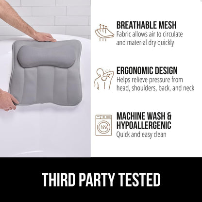 GORILLA GRIP Bath Pillow for Tub, 6 Strong Suction Cups, 4D Mesh FlexComfort Headrest for Neck, Head and Back Support, Luxury Machine Washable Pillows, Bathtub Accessories, Spa Gifts for Women, White