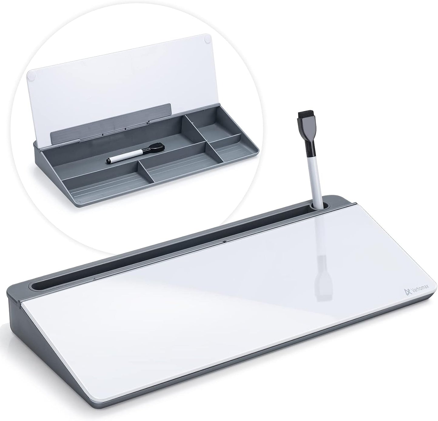 Varhomax Glass Weekly Dry Erase Desk White Board, Desktop to Do List Planner Whiteboard Calendar with Storage Caddy Memo for Home and Office, White