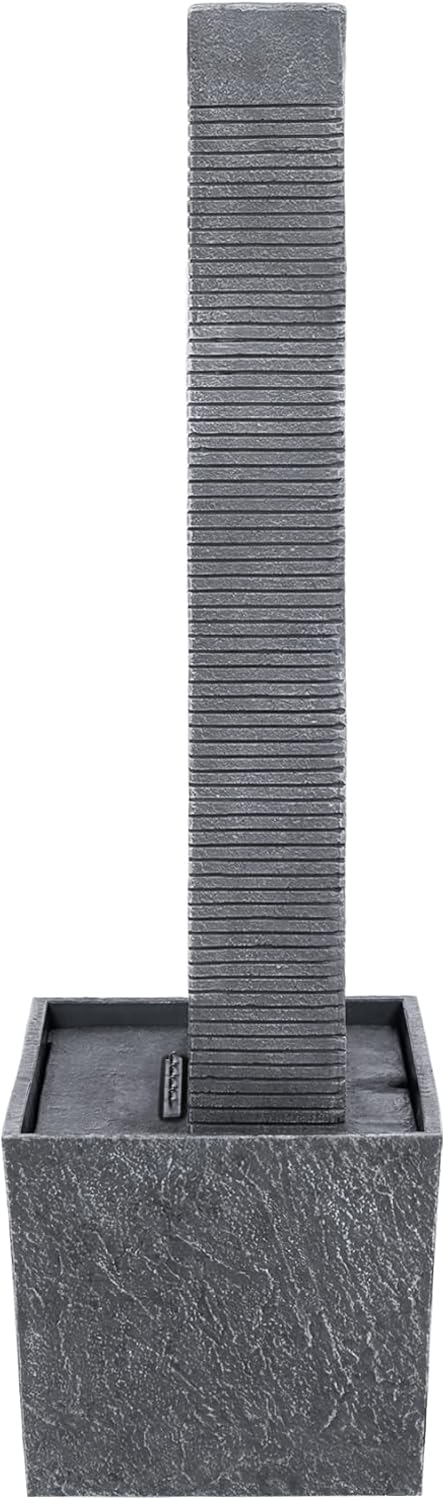 Teamson Home 38.58 in. Modern Curved Faux Slate Waterfall Fountain for Indoors or Outdoors with LED Light Accents and 1.98-Gallon Pump, Black and Stone Gray | Freestanding Floor Garden Waterfall, LED Lights, Weatherproof Polyresin, For Patio & Yard