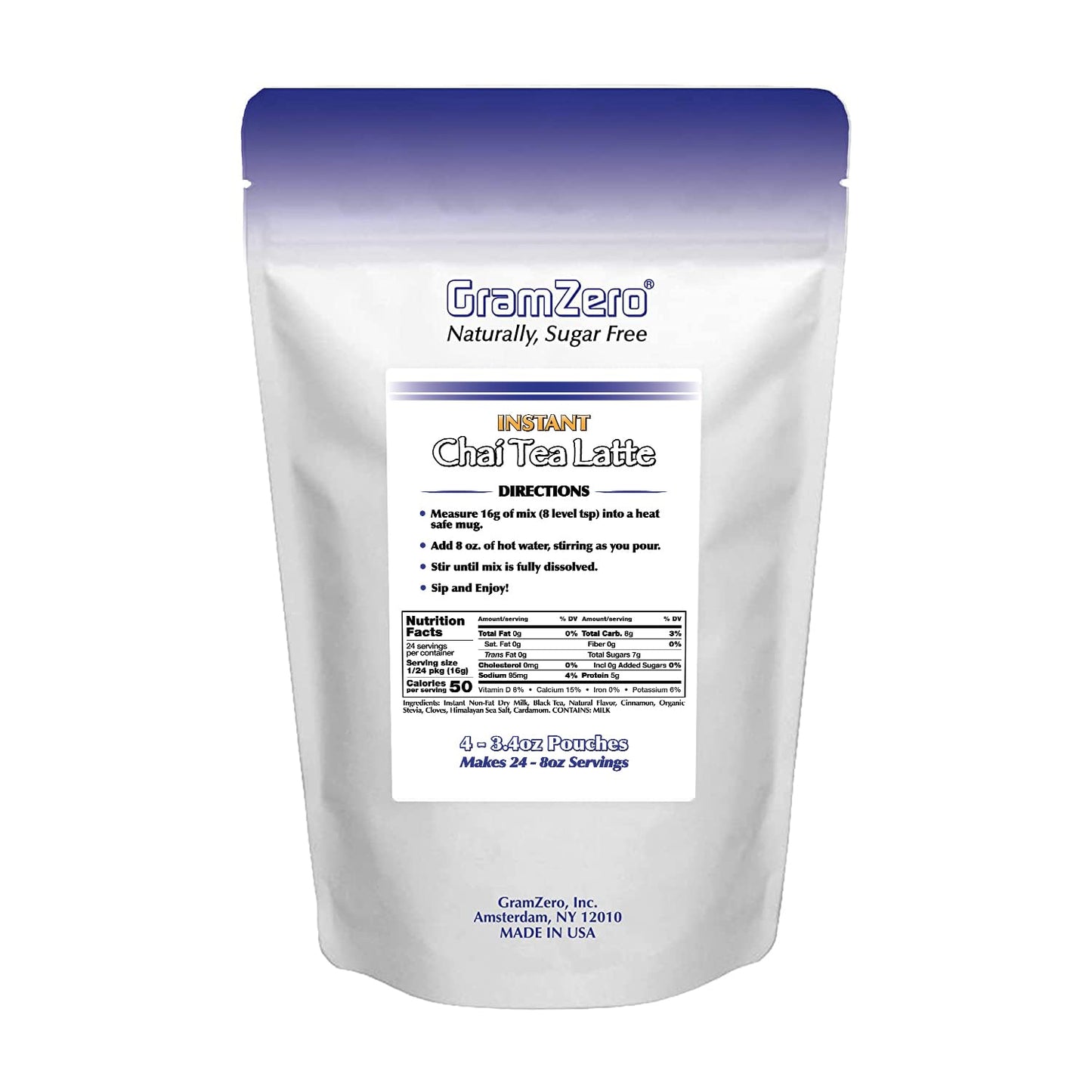 Gramzero Premium Chai Latte Powder Mix | Best Chai Drink Mix | No Sugar Added | Kosher | Stevia Sweetened | 20 Single Serve Packets | Each Packet Makes 8fl Oz Rich and Delicious Instant Chai Tea Latte