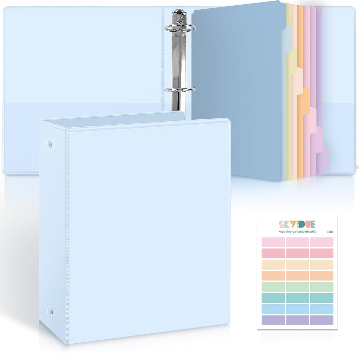 SKYDUE 1 Inch 3 Ring Binder with 8 Tab Dividers & 24 Labels, Pastel Binder Organizer for Letter Size Paper, Aesthetic School Binder for Notes, Documents, Office & Home Organization, Purple